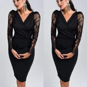 Kadın Uzun Kollu Kruvaze Yaka Kollar Tül Detay Krep Mini Boy Elbise thumbnail 2