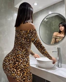 Kadın Madonna Mendil Yaka Leopar Desen Mini Elbise thumbnail 5