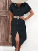 Kadın Kısa Kollu Yakalı Düğme Detay Midi Dokuma Elbise thumbnail 1