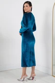 Kadın Kadife Kumaş Manşetli V Yaka Şık Kalem Elbise thumbnail 8
