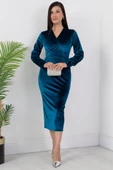 Kadın Kadife Kumaş Manşetli V Yaka Şık Kalem Elbise thumbnail 4