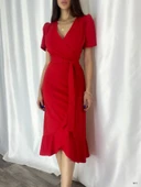 Kadın Kruvaze Yaka Midi Boy Kuşaklı Krep Elbise 120 Cm thumbnail 6