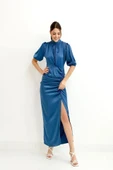 Mavi Büzgülü Saten Elbise thumbnail 1