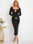 Kadın Uzun Kollu Yaka Damla Detay Mini Aksesuarlı Yırtmaç Detay Krep Elbise thumbnail 2