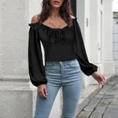 Kadın Uzun Kollu Kare Yaka Göğüs Büzgü Detay Sandy Bluz thumbnail 2