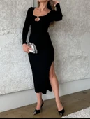 Kadın Uzun Kollu Yaka Damla Detay Mini Aksesuarlı Yırtmaç Detay Krep Elbise thumbnail 1