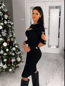 Kadın Dekolte Detaylı Scuba Dalgıç Kumaş Taş Aksesuarli Elbise thumbnail 3