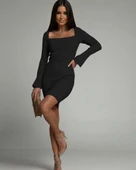 Kadın Uzun Kollu Kare Yaka Kol Ucu Ispanyol Triko Elbise thumbnail 1