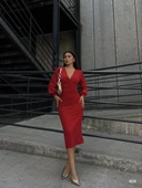 Kadın Kruvaze Yaka Balon Kol Simli Krep Kumaş Midi Boy Elbise thumbnail 2