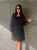 Kadın Uzun Kollu Yuvarlak Yaka Kol Ve Etek Ucu Dantelli Kısa Ithal Krep Elbise thumbnail 1