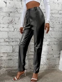Kadın Yüksek Bel önden Düğmeli Deri Pantolon thumbnail 5