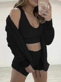 Kadın Uzun Kollu Ceket, Askılı Peluş Bluz Ve şort üçlü Takım thumbnail 1