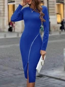 Kadın Uzun Kollu Bisiklet Yaka Fermuar Detaylı Yırtmaçlı Midi Krep Elbise thumbnail 5