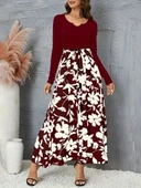 Kadın Uzun Kollu Yaka Açık üst Kaşkorse Beli Kuşaklı Alt çiçek Baskılı Dalgıç Elbise thumbnail 4