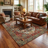 Kırmızı Yeşil Salon Halısı Klasik Medallion Dijital Baskılı Kaymaz Tabanlı Halı thumbnail 1