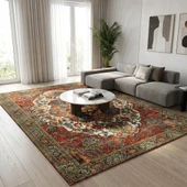 Kırmızı Yeşil Salon Halısı Klasik Medallion Dijital Baskılı Kaymaz Tabanlı Halı thumbnail 2