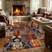Turuncu Kahve Çok Renkli Salon Halısı Etnik Patchwork Dijital Baskılı Kaymaz Tabanlı Halı thumbnail 1