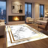 Beyaz Altın Mermer Desenli Halı Dijital Baskılı Kaymaz Tabanlı Salon Halısı thumbnail 1