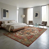 Kırmızı Yeşil Salon Halısı Klasik Medallion Dijital Baskılı Kaymaz Tabanlı Halı thumbnail 3