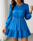 MDB Kadın Uzun Kollu Bisiklet Yaka Beli Lastikli Fırfırlı Ithal Krep Elbise thumbnail 3