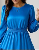 MDB Kadın Uzun Kollu Bisiklet Yaka Beli Lastikli Fırfırlı Ithal Krep Elbise thumbnail 2