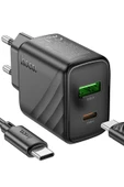 Hoco. CS23A Sunlight 30W 1 Adet Type-C ve 1 Adet USB 3.0 QC Çıkışlı Ekstra Type-C to Type-C Kablolu PD Hızlı Şarj Aleti - Siyah thumbnail 2