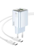 Hoco. N46 Glorious 1 Adet Type-C ve 1 Adet USB Çıkışlı Ekstra Type-C to Type-C Kablolu 20W PD Hızlı Şarj Aleti - Mavi thumbnail 5