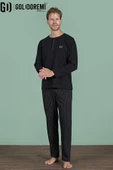Gd Goldoremi Erkek Düğmeli Yaka Şerit Detaylı Düğmeli Yaka Uzun Kollu Pijama Takım thumbnail 5
