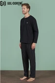 Gd Goldoremi Erkek Düğmeli Yaka Şerit Detaylı Düğmeli Yaka Uzun Kollu Pijama Takım thumbnail 8