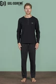 Gd Goldoremi Erkek Düğmeli Yaka Şerit Detaylı Düğmeli Yaka Uzun Kollu Pijama Takım thumbnail 6