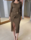 MDB Kadın Uzun Kollu Kruvaze Yaka Yandan Toka Detaylı önden çapraz Detaylı Ottoman Elbise thumbnail 1