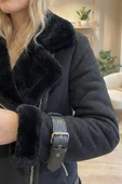 Kadın Suni Kürk Detaylı Siyah Süet Mont thumbnail 5