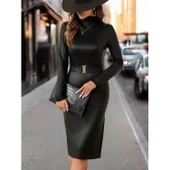 Lucky Life Kadın Uzun Kollu Balıkçı Yaka Kemerli Midi Sıvama Deri Elbise thumbnail 5