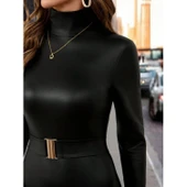 Lucky Life Kadın Uzun Kollu Balıkçı Yaka Kemerli Midi Sıvama Deri Elbise thumbnail 4