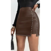 Lucky Life Kadın Yüksek Belli Yandan çivili Mini Deri Etek thumbnail 1