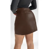 Lucky Life Kadın Yüksek Belli Yandan çivili Mini Deri Etek thumbnail 3