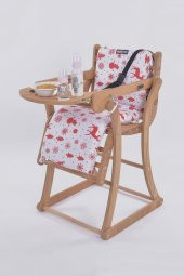 Mama Sandalyesi, Doğal Ahşap Sürgülü Tepsili / Kırmızı Kar Tanesi (Christmas Miracle Red) - 1