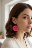 Crochet Örme Pembe Çiçek Küpe thumbnail 1