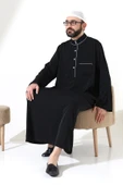 Erkek Hac ve Umre Kıyafeti Hakim Yaka Uzun Dubai Krep Cellabiye Fistan - Siyah thumbnail 7