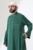 Erkek Hac ve Umre Kıyafeti Hakim Yaka Uzun Dubai Krep Cellabiye Fistan - Yeşil thumbnail 6