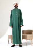 Erkek Hac ve Umre Kıyafeti Hakim Yaka Uzun Dubai Krep Cellabiye Fistan - Yeşil thumbnail 2