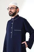 Erkek Hac ve Umre Kıyafeti Hakim Yaka Uzun Dubai Krep Cellabiye Fistan - Lacivert thumbnail 6