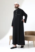Erkek Hac ve Umre Kıyafeti Hakim Yaka Uzun Dubai Krep Cellabiye Fistan - Siyah thumbnail 1
