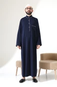 Erkek Hac ve Umre Kıyafeti Hakim Yaka Uzun Dubai Krep Cellabiye Fistan - Lacivert thumbnail 2