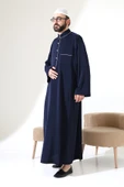 Erkek Hac ve Umre Kıyafeti Hakim Yaka Uzun Dubai Krep Cellabiye Fistan - Lacivert thumbnail 3