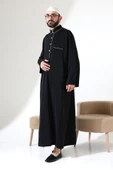 Erkek Hac ve Umre Kıyafeti Hakim Yaka Uzun Dubai Krep Cellabiye Fistan - Siyah thumbnail 5