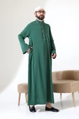 Erkek Hac ve Umre Kıyafeti Hakim Yaka Uzun Dubai Krep Cellabiye Fistan - Yeşil thumbnail 4