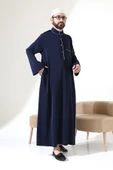 Erkek Hac ve Umre Kıyafeti Hakim Yaka Uzun Dubai Krep Cellabiye Fistan - Lacivert thumbnail 1