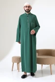 Erkek Hac ve Umre Kıyafeti Hakim Yaka Uzun Dubai Krep Cellabiye Fistan - Yeşil thumbnail 5