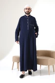 Erkek Hac ve Umre Kıyafeti Hakim Yaka Uzun Dubai Krep Cellabiye Fistan - Lacivert thumbnail 5